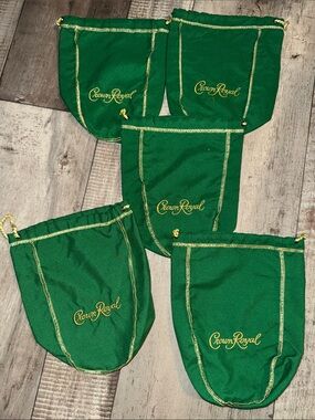 Crown Royal  green Drawstring Pouches - medium size (appx) 9x7.5 Set of 5-